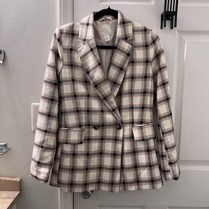 H&M Plaid Beige Checked Double-Breasted Women's Blazer Jacket size XS-S